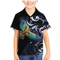 New Zealand Kea Bird Personalised Family Matching Mermaid Dress and Hawaiian Shirt Maori Tribal Koru Art LT9 Son's Shirt Blue - Polynesian Pride