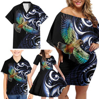 New Zealand Kea Bird Personalised Family Matching Off Shoulder Short Dress and Hawaiian Shirt Maori Tribal Koru Art LT9 - Polynesian Pride
