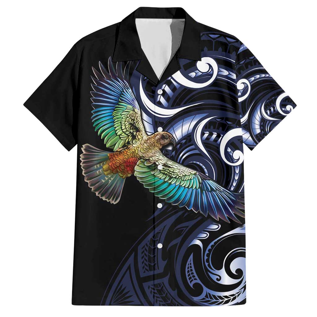 New Zealand Kea Bird Personalised Family Matching Short Sleeve Bodycon Dress and Hawaiian Shirt Maori Tribal Koru Art LT9 Dad's Shirt - Short Sleeve Blue - Polynesian Pride