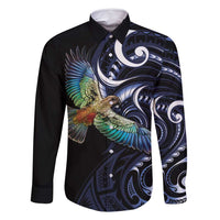 New Zealand Kea Bird Personalised Family Matching Summer Maxi Dress and Hawaiian Shirt Maori Tribal Koru Art LT9 Dad's Shirt - Long Sleeve Blue - Polynesian Pride