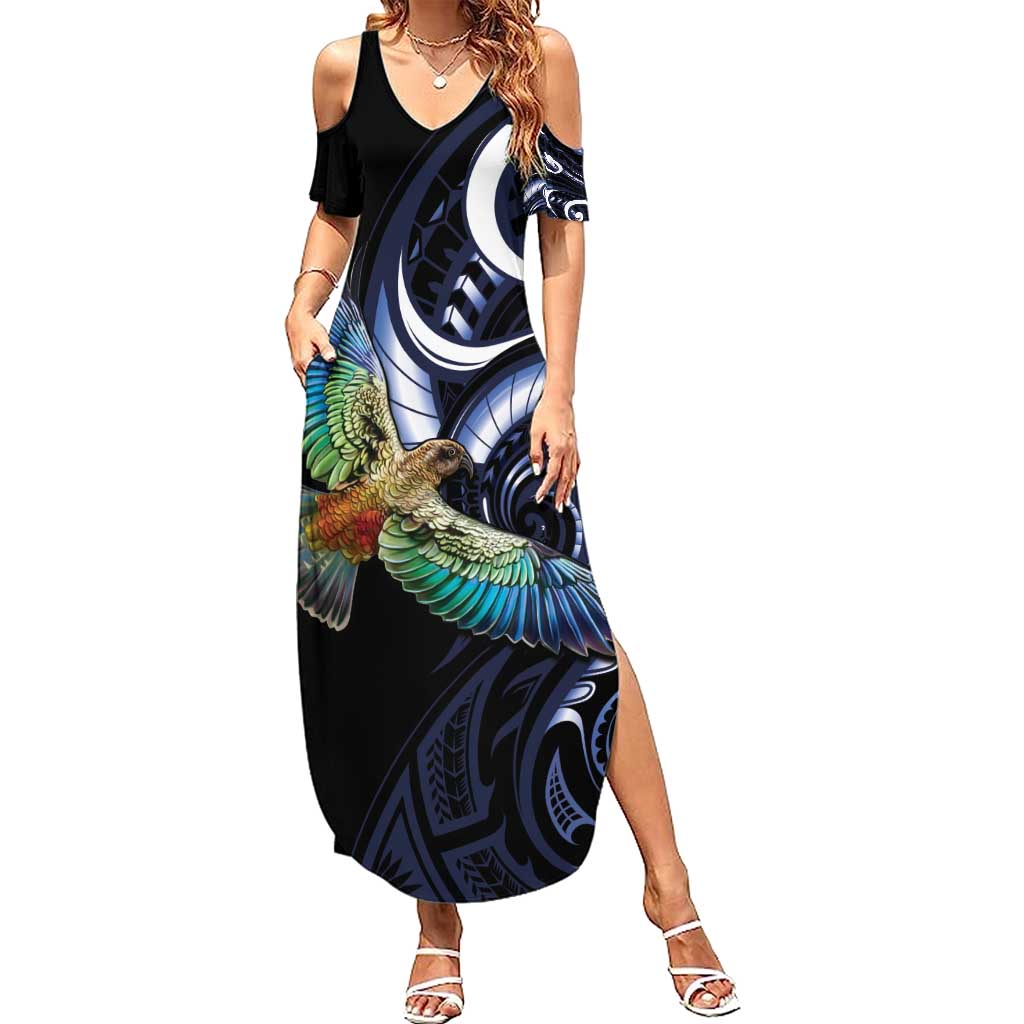New Zealand Kea Bird Personalised Family Matching Summer Maxi Dress and Hawaiian Shirt Maori Tribal Koru Art LT9 Mom's Dress Blue - Polynesian Pride