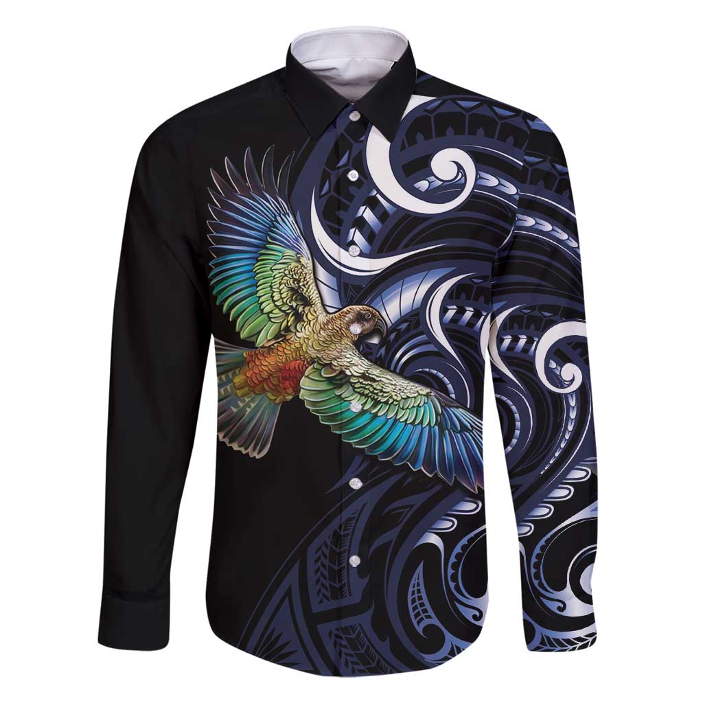 New Zealand Kea Bird Personalised Family Matching Tank Maxi Dress and Hawaiian Shirt Maori Tribal Koru Art LT9 Dad's Shirt - Long Sleeve Blue - Polynesian Pride