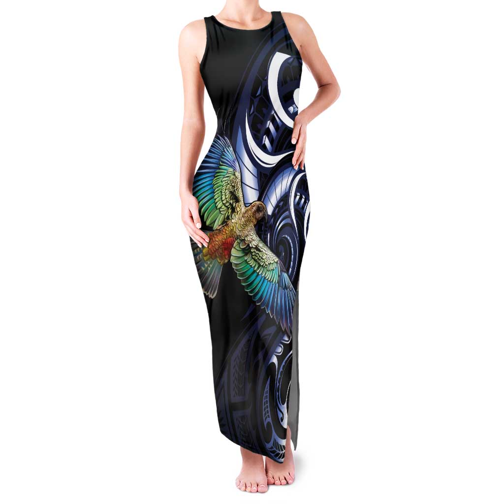 New Zealand Kea Bird Personalised Family Matching Tank Maxi Dress and Hawaiian Shirt Maori Tribal Koru Art LT9 Mom's Dress Blue - Polynesian Pride