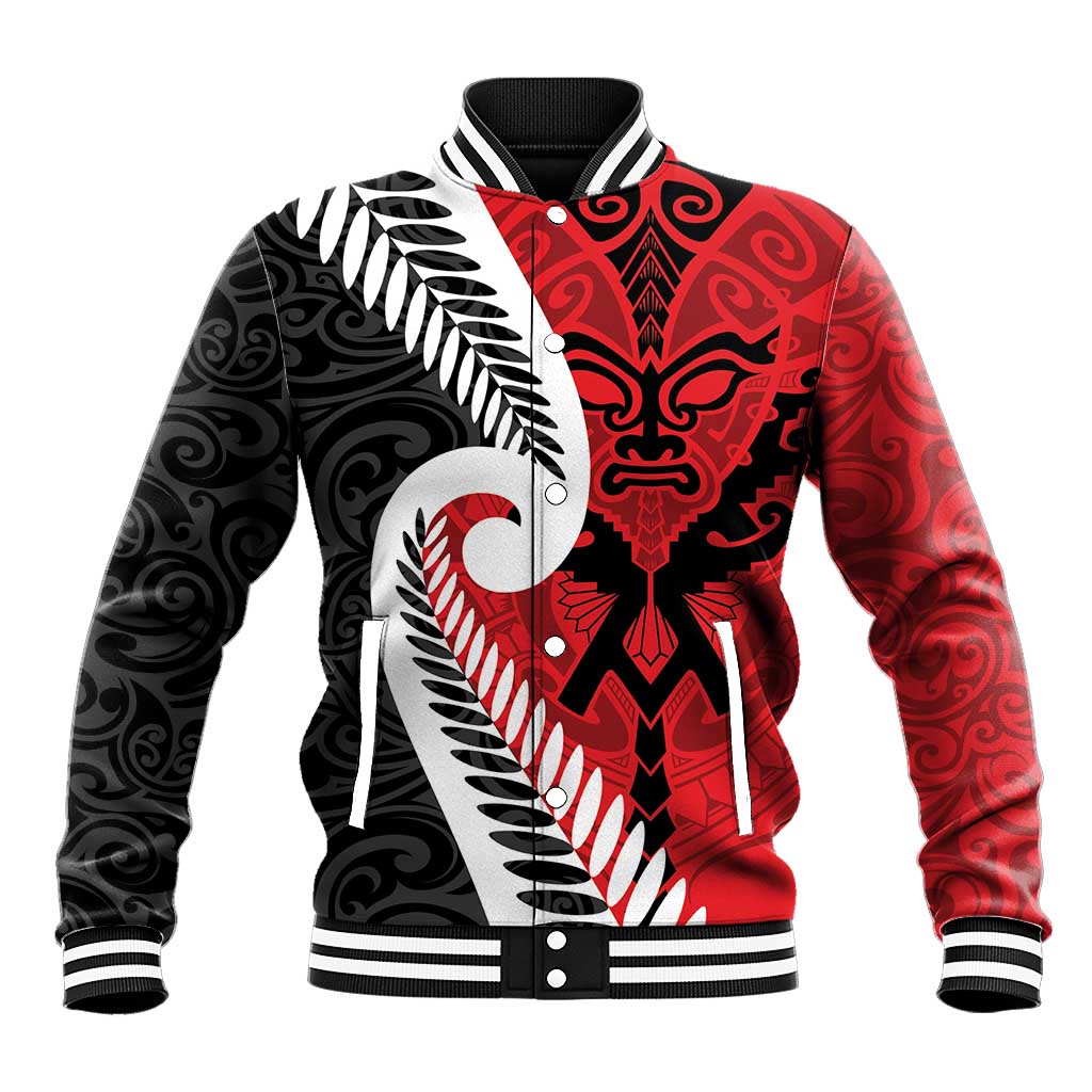 Silver Fern Koru Swirls with Maori Ta Moko Baseball Jacket LT9 Unisex Red - Polynesian Pride