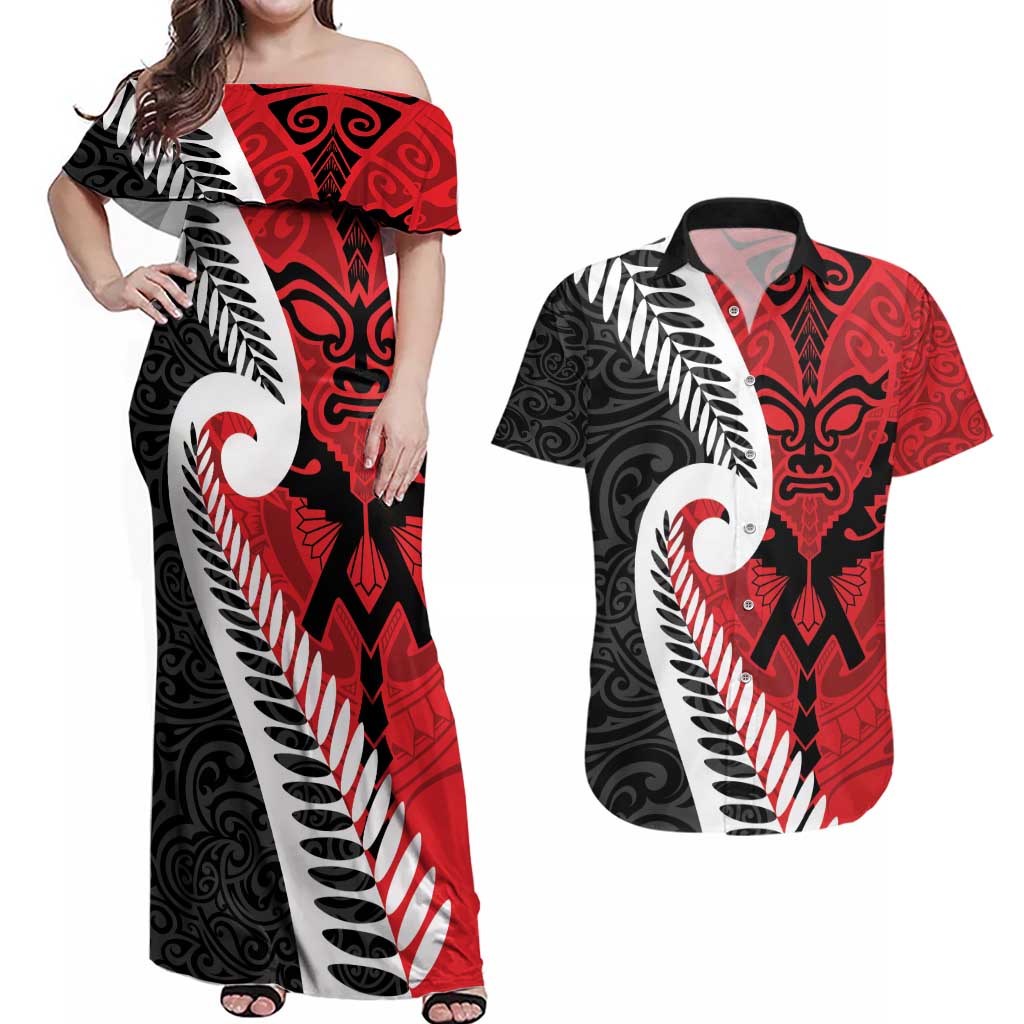 Silver Fern Koru Swirls with Maori Ta Moko Couples Matching Off Shoulder Maxi Dress and Hawaiian Shirt LT9 Red - Polynesian Pride