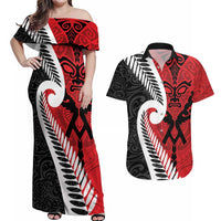 Silver Fern Koru Swirls with Maori Ta Moko Couples Matching Off Shoulder Maxi Dress and Hawaiian Shirt LT9 Red - Polynesian Pride