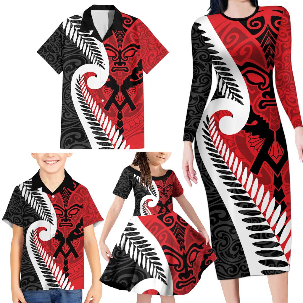 Silver Fern Koru Swirls with Maori Ta Moko Family Matching Long Sleeve Bodycon Dress and Hawaiian Shirt LT9 - Polynesian Pride