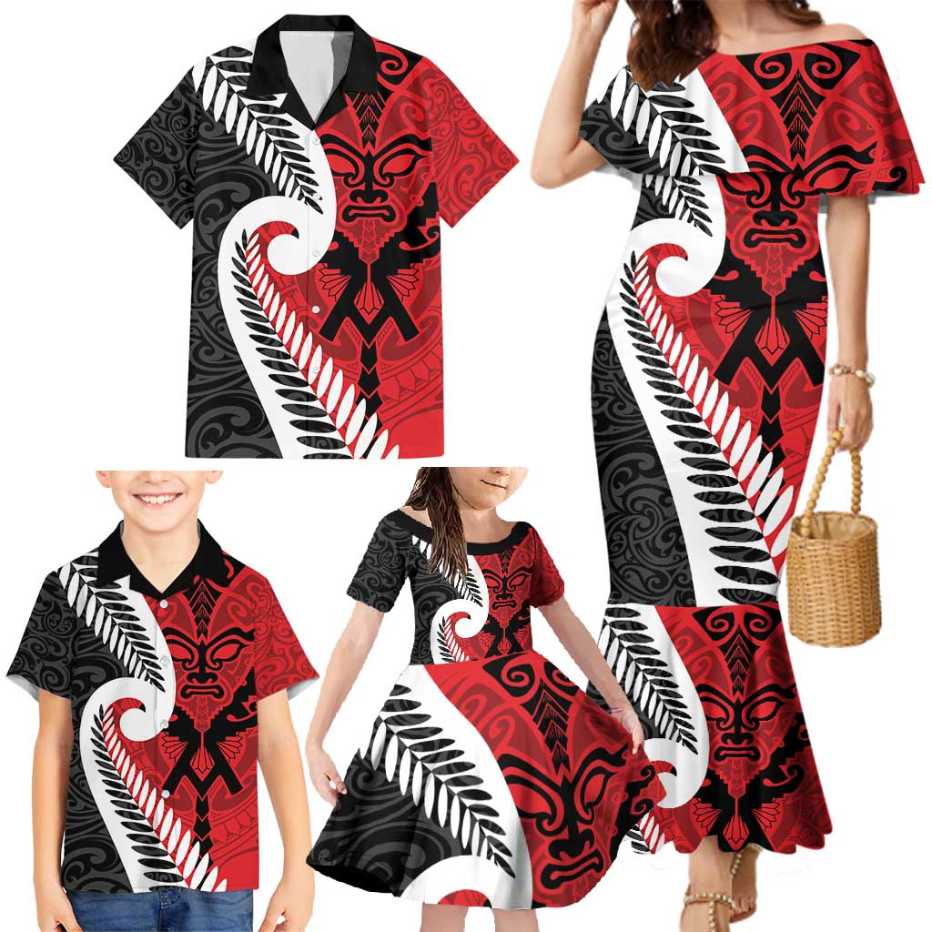 Silver Fern Koru Swirls with Maori Ta Moko Family Matching Mermaid Dress and Hawaiian Shirt LT9 - Polynesian Pride