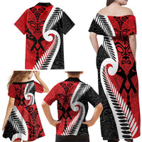 Silver Fern Koru Swirls with Maori Ta Moko Family Matching Off Shoulder Maxi Dress and Hawaiian Shirt LT9 - Polynesian Pride