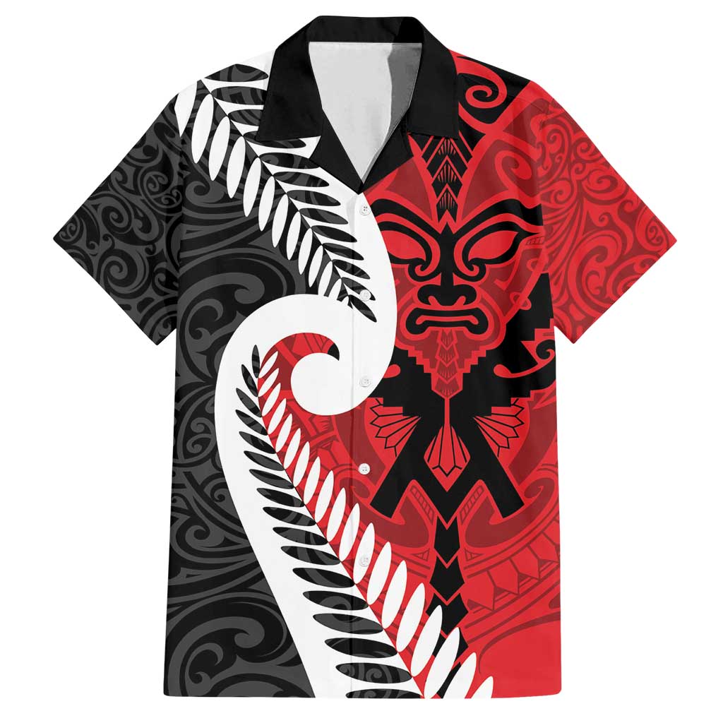 Silver Fern Koru Swirls with Maori Ta Moko Family Matching Off Shoulder Maxi Dress and Hawaiian Shirt LT9 Dad's Shirt - Short Sleeve Red - Polynesian Pride