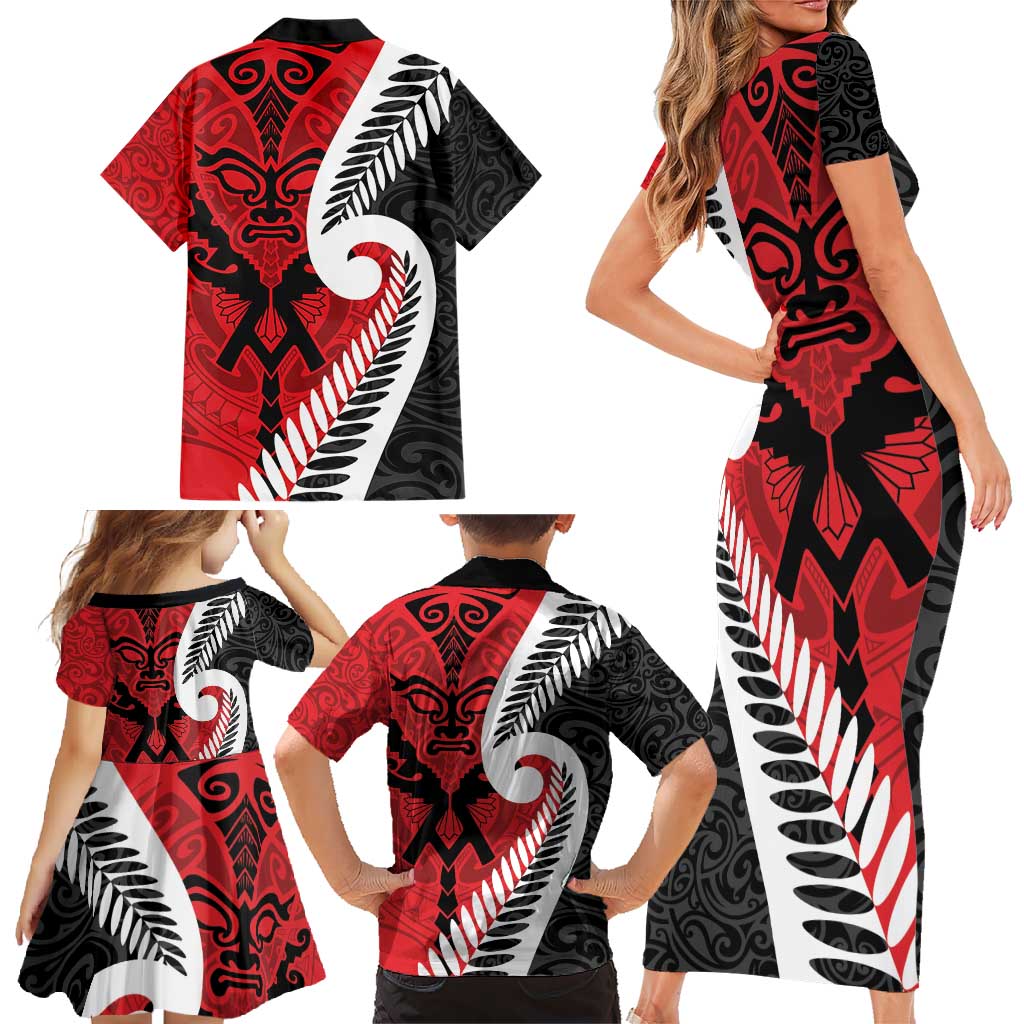 Silver Fern Koru Swirls with Maori Ta Moko Family Matching Short Sleeve Bodycon Dress and Hawaiian Shirt LT9 - Polynesian Pride