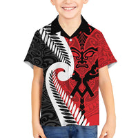 Silver Fern Koru Swirls with Maori Ta Moko Family Matching Short Sleeve Bodycon Dress and Hawaiian Shirt LT9 Son's Shirt Red - Polynesian Pride