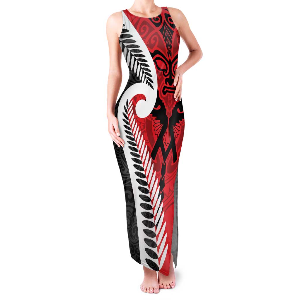 Silver Fern Koru Swirls with Maori Ta Moko Family Matching Tank Maxi Dress and Hawaiian Shirt LT9 Mom's Dress Red - Polynesian Pride