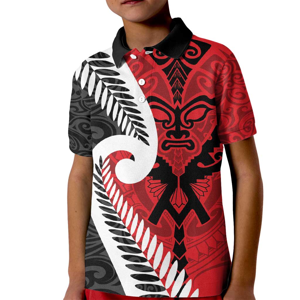 Silver Fern Koru Swirls with Maori Ta Moko Kid Polo Shirt LT9 Kid Red - Polynesian Pride