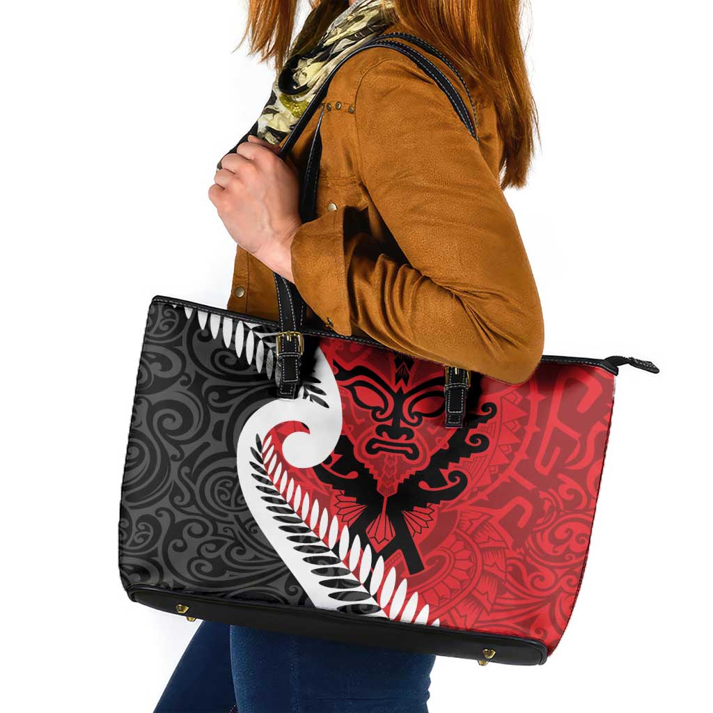 Silver Fern Koru Swirls with Maori Ta Moko Leather Tote Bag LT9 Red - Polynesian Pride