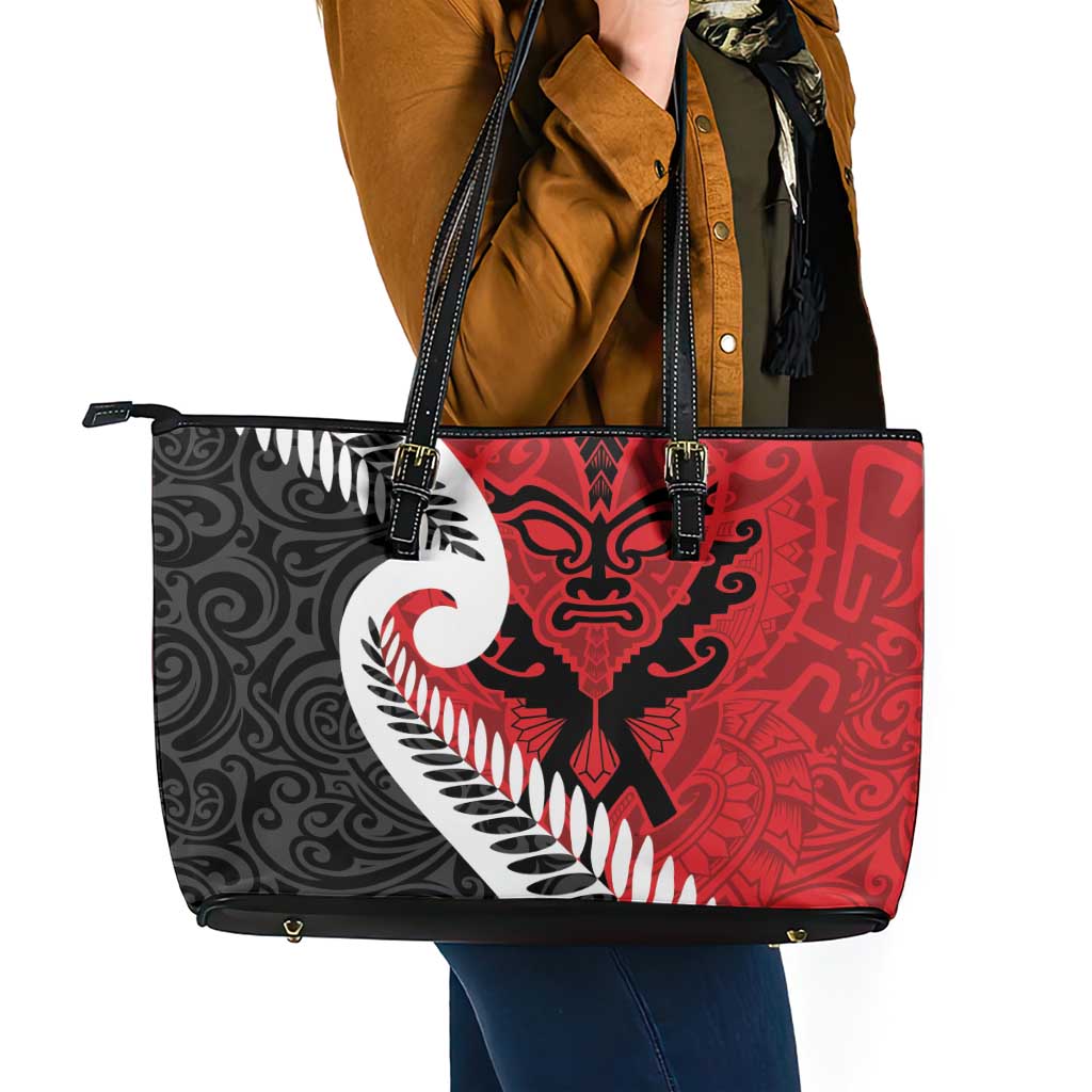 Silver Fern Koru Swirls with Maori Ta Moko Leather Tote Bag LT9 - Polynesian Pride