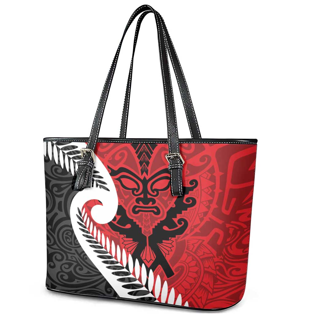 Silver Fern Koru Swirls with Maori Ta Moko Leather Tote Bag LT9 - Polynesian Pride