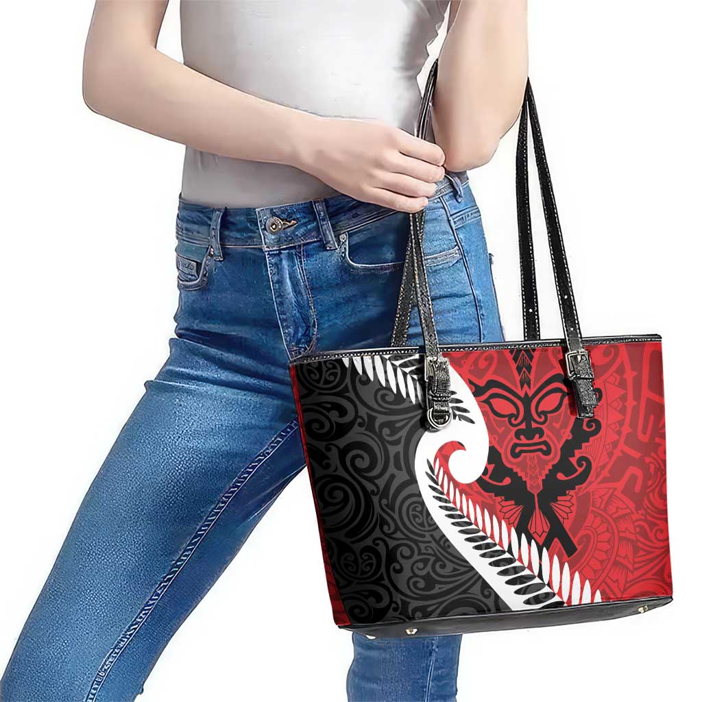 Silver Fern Koru Swirls with Maori Ta Moko Leather Tote Bag LT9 - Polynesian Pride