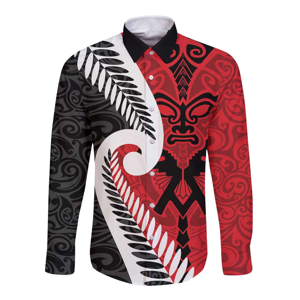 Silver Fern Koru Swirls with Maori Ta Moko Long Sleeve Button Shirt LT9 Unisex Red - Polynesian Pride