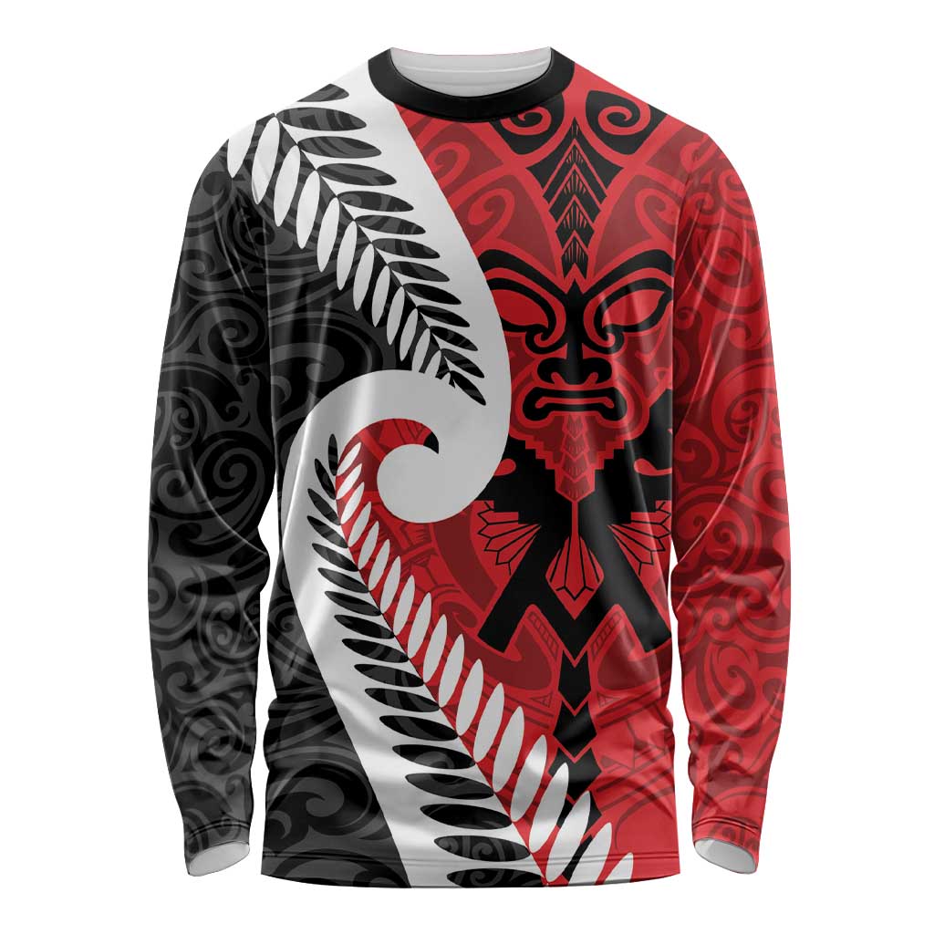 Silver Fern Koru Swirls with Maori Ta Moko Long Sleeve Shirt LT9 Unisex Red - Polynesian Pride