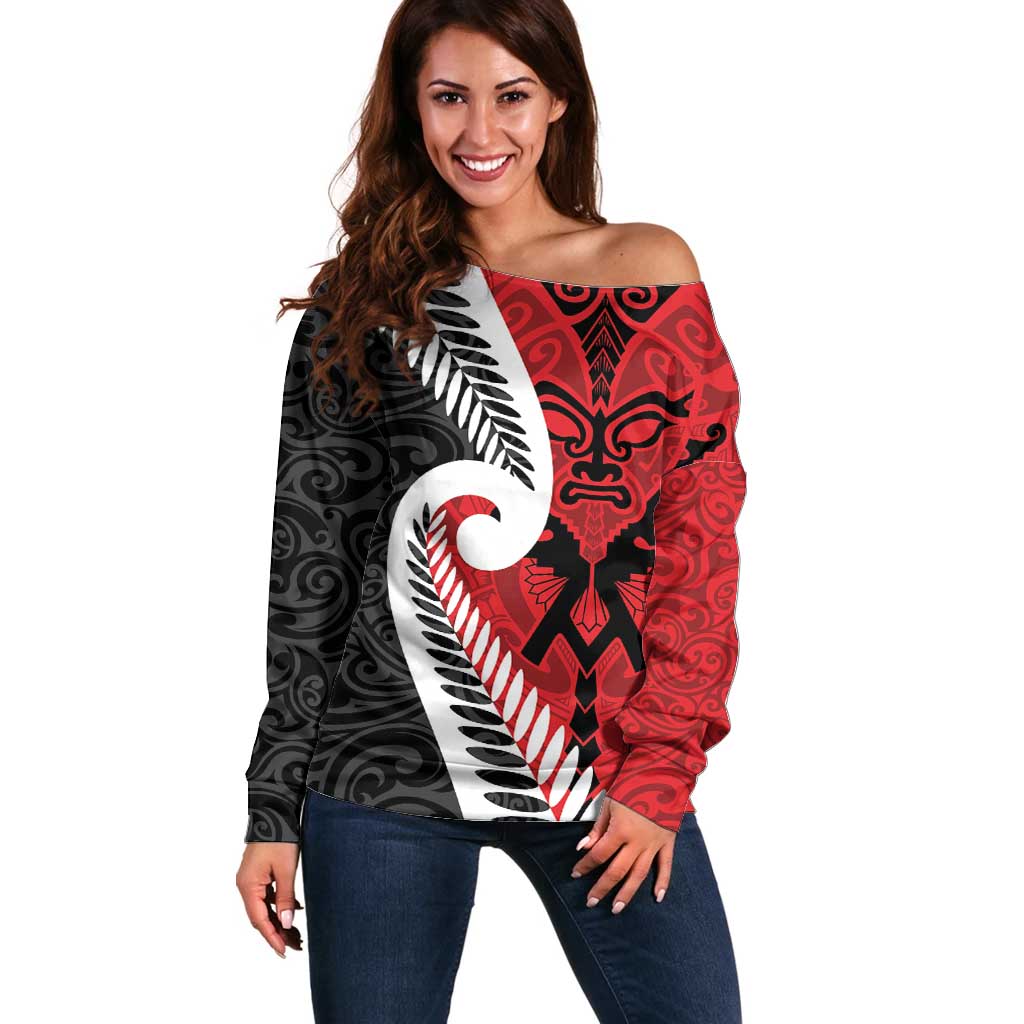 Silver Fern Koru Swirls with Maori Ta Moko Off Shoulder Sweater