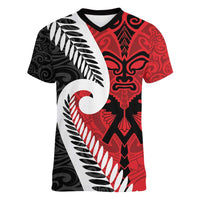 Silver Fern Koru Swirls with Maori Ta Moko Women V-Neck T-Shirt LT9 Female Red - Polynesian Pride