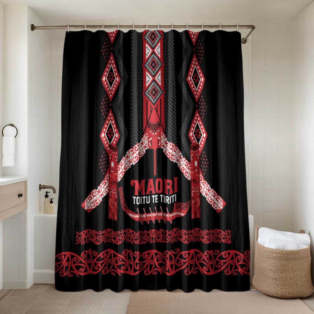 Toitu Te Tiriti Waitangi Bathroom Set Black Wharenui House LT9 Shower Curtain Only Black - Polynesian Pride