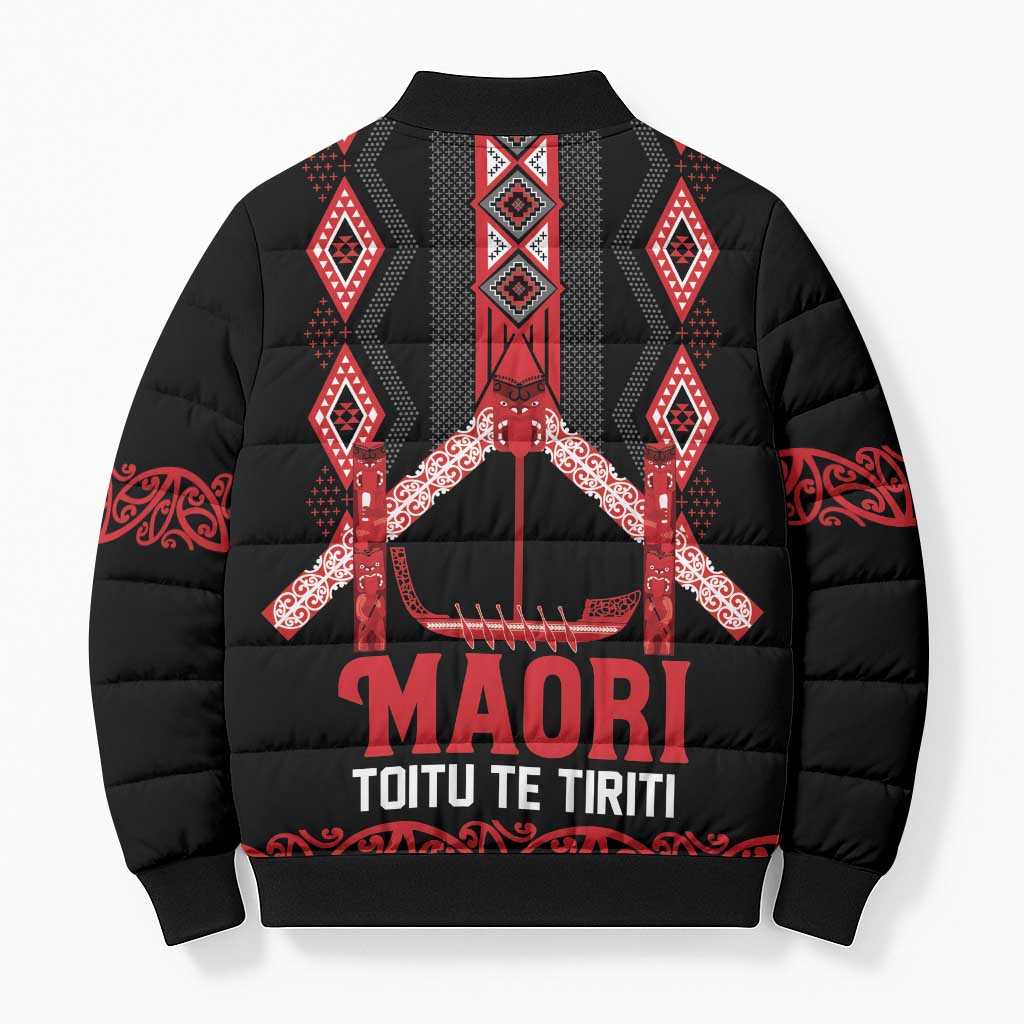 Toitu Te Tiriti Waitangi Bomber Puffer Jacket Black Wharenui House LT9 - Polynesian Pride
