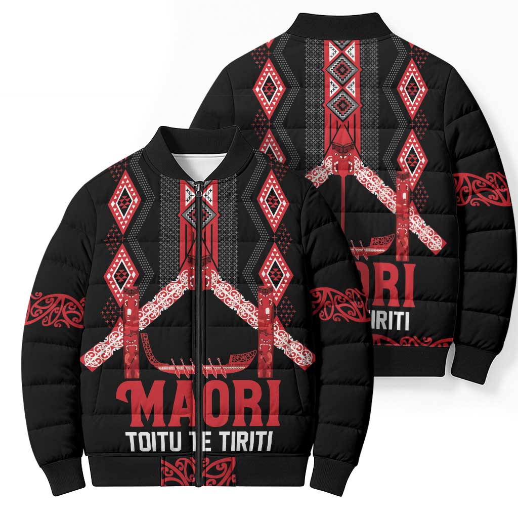 Toitu Te Tiriti Waitangi Bomber Puffer Jacket Black Wharenui House LT9 - Polynesian Pride