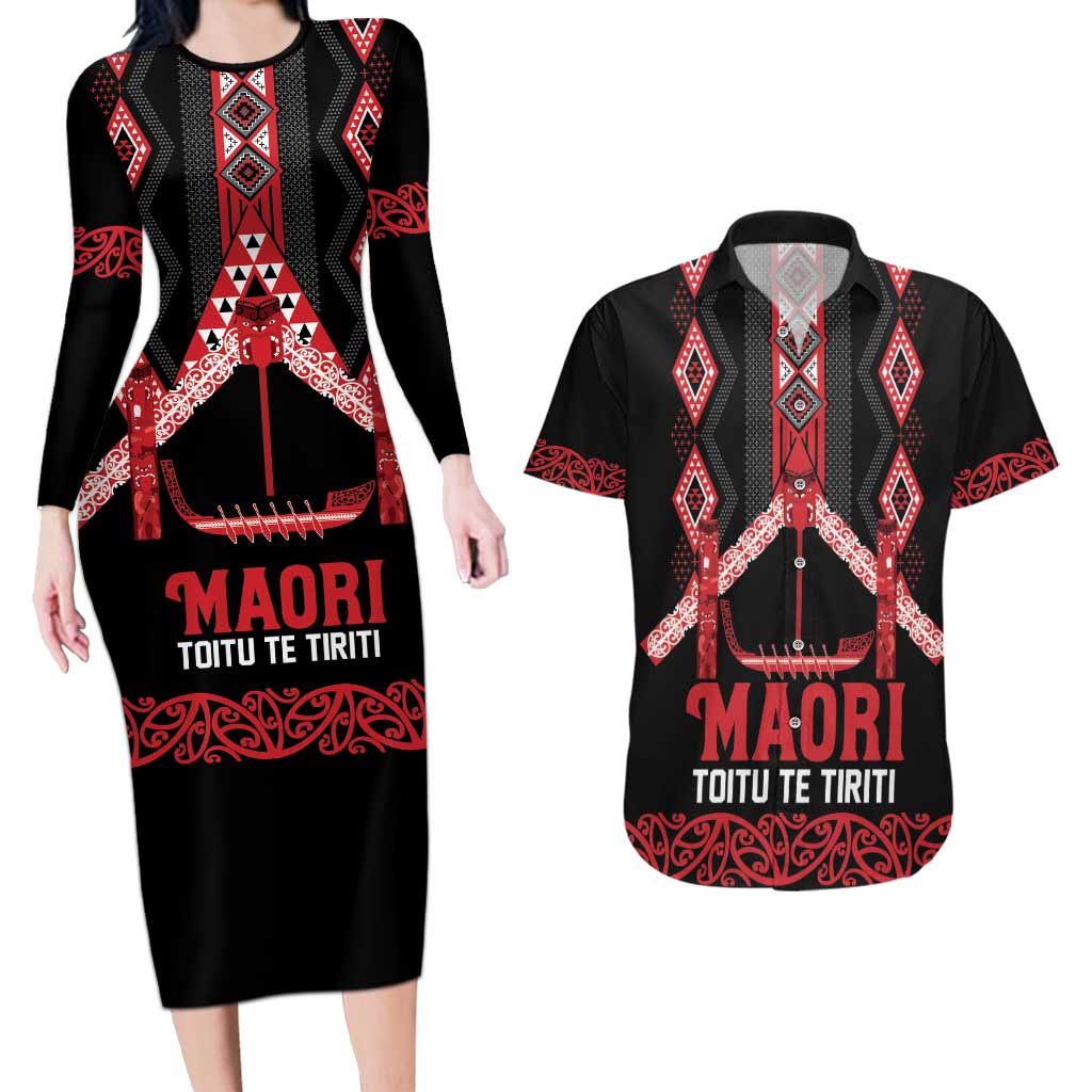 Toitu Te Tiriti Waitangi Couples Matching Long Sleeve Bodycon Dress and Hawaiian Shirt Black Wharenui House - Polynesian Pride