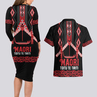 Toitu Te Tiriti Waitangi Couples Matching Long Sleeve Bodycon Dress and Hawaiian Shirt Black Wharenui House - Polynesian Pride
