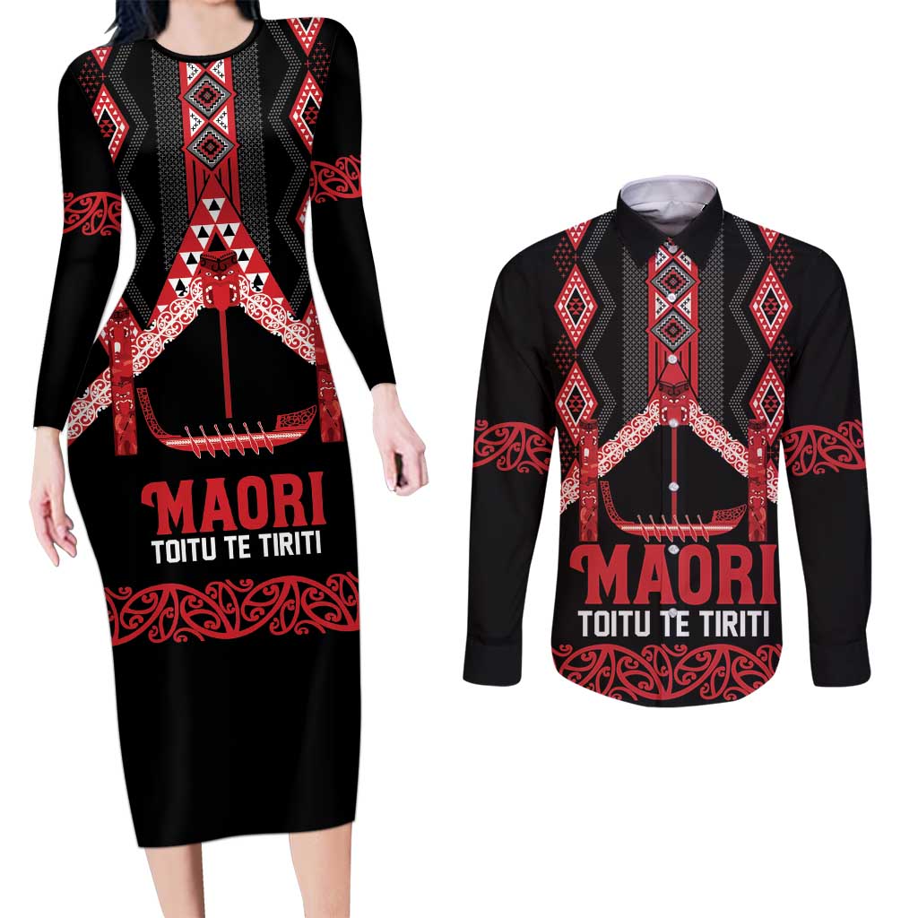 Toitu Te Tiriti Waitangi Couples Matching Long Sleeve Bodycon Dress and Long Sleeve Button Shirt Black Wharenui House - Polynesian Pride
