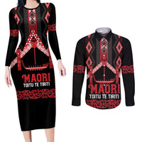 Toitu Te Tiriti Waitangi Couples Matching Long Sleeve Bodycon Dress and Long Sleeve Button Shirt Black Wharenui House - Polynesian Pride