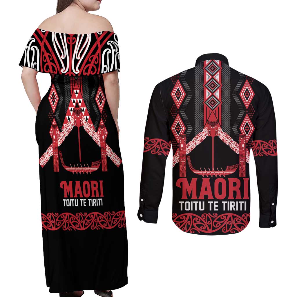 Toitu Te Tiriti Waitangi Couples Matching Off Shoulder Maxi Dress and Long Sleeve Button Shirt Black Wharenui House LT9 - Polynesian Pride