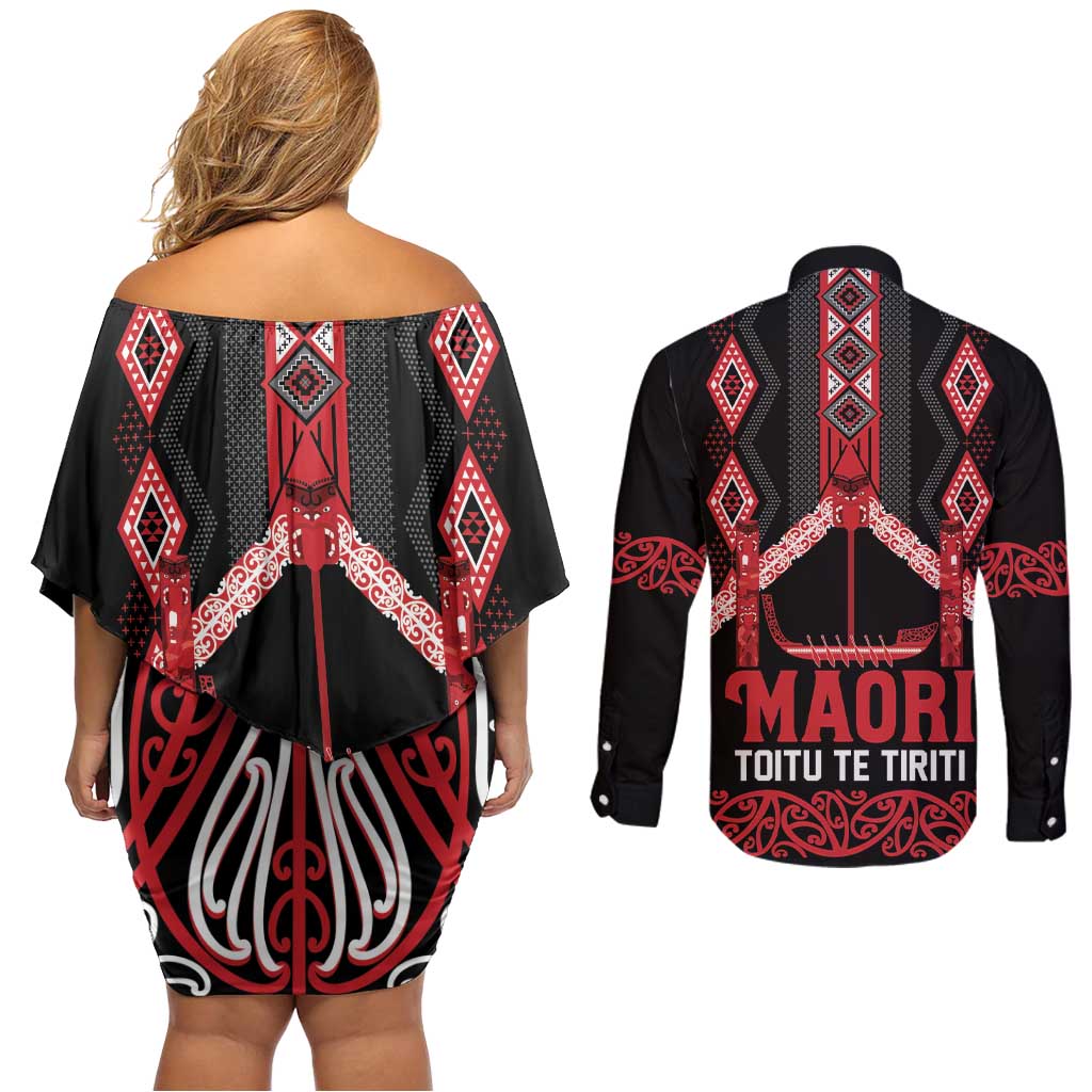 Toitu Te Tiriti Waitangi Couples Matching Off Shoulder Short Dress and Long Sleeve Button Shirt Black Wharenui House LT9 - Polynesian Pride
