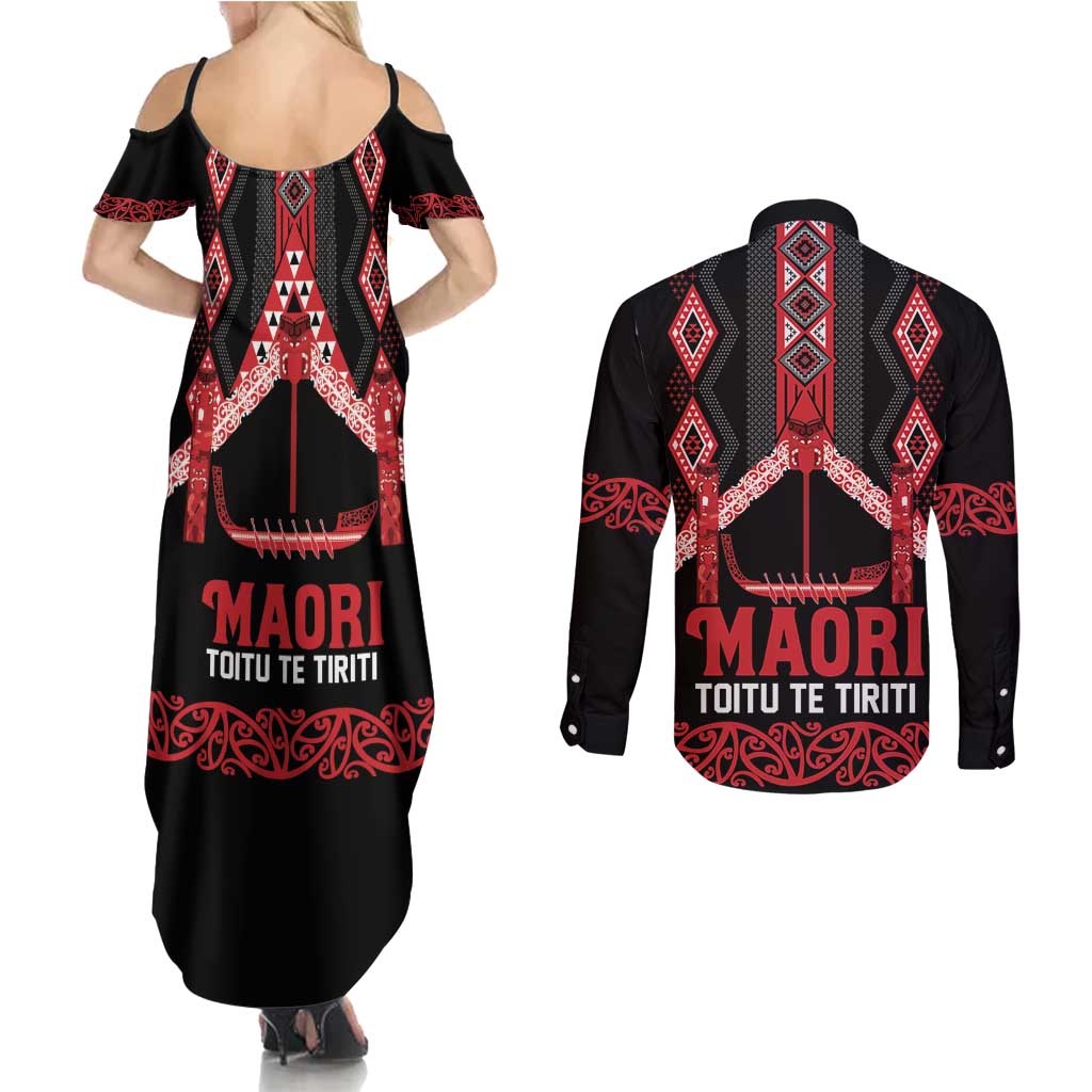 Toitu Te Tiriti Waitangi Couples Matching Summer Maxi Dress and Long Sleeve Button Shirt Black Wharenui House LT9 - Polynesian Pride