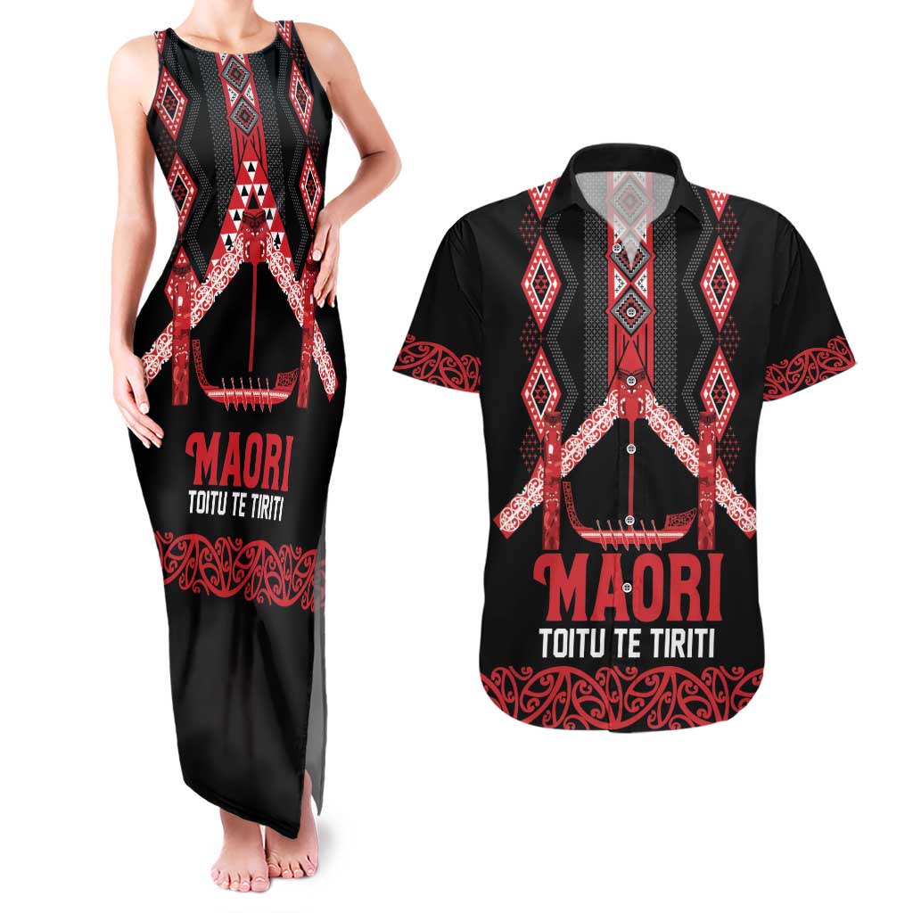 Toitu Te Tiriti Waitangi Couples Matching Tank Maxi Dress and Hawaiian Shirt Black Wharenui House - Polynesian Pride