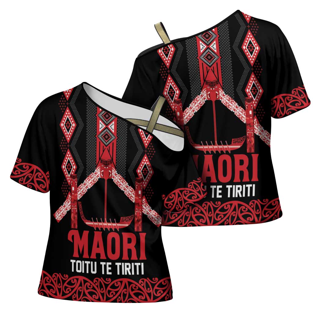 Toitu Te Tiriti Waitangi Cross Shoulder Shirt Black Wharenui House - Polynesian Pride