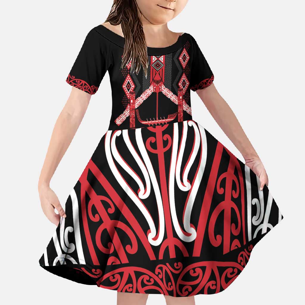Toitu Te Tiriti Waitangi Family Matching Mermaid Dress and Hawaiian Shirt Black Wharenui House LT9 Daughter's Dress Black - Polynesian Pride