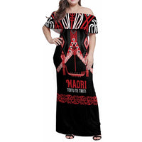 Toitu Te Tiriti Waitangi Family Matching Off Shoulder Maxi Dress and Hawaiian Shirt Black Wharenui House LT9 Mom's Dress Black - Polynesian Pride