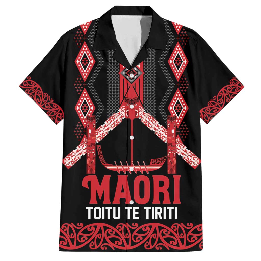 Toitu Te Tiriti Waitangi Family Matching Off Shoulder Short Dress and Hawaiian Shirt Black Wharenui House LT9 Dad's Shirt - Short Sleeve Black - Polynesian Pride