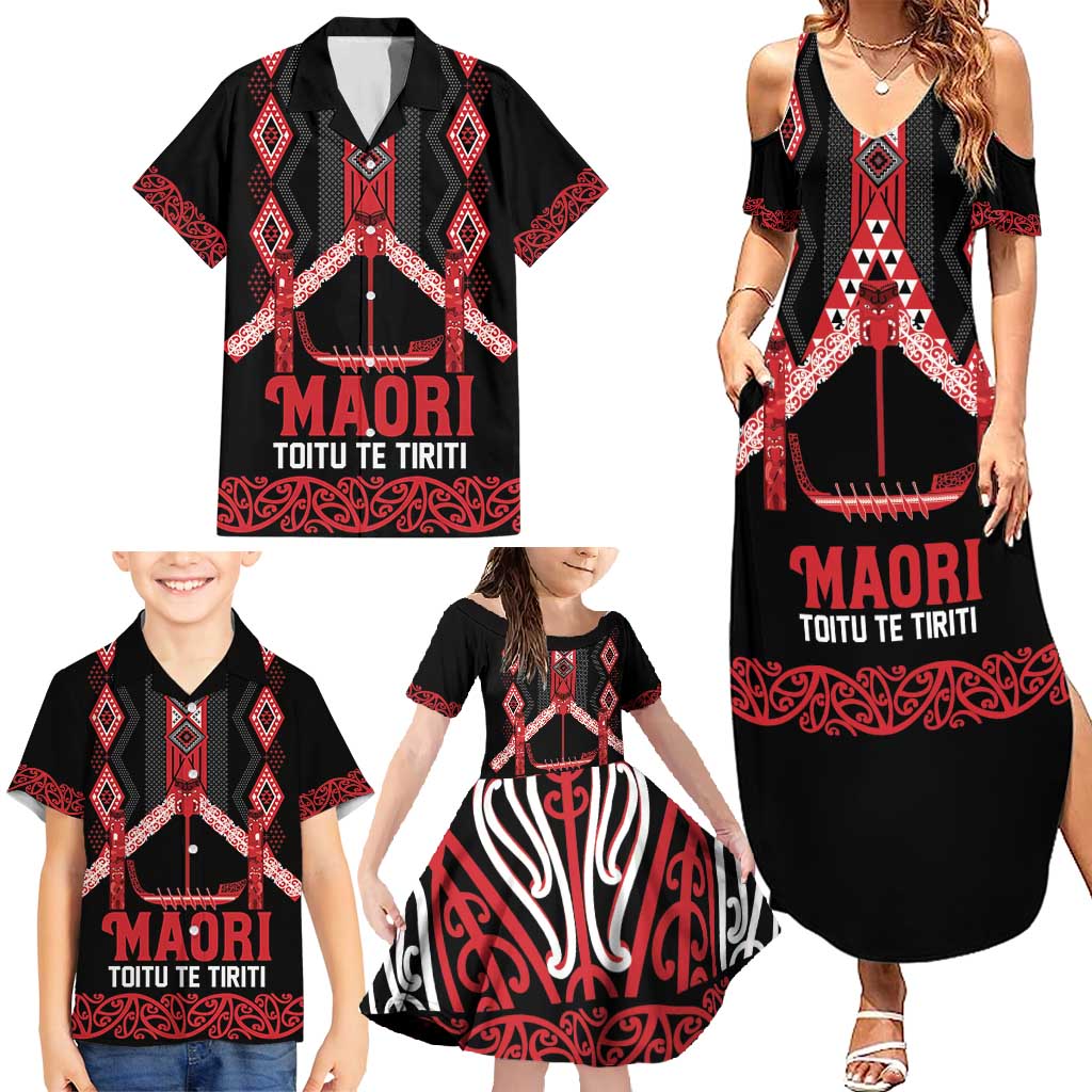 Toitu Te Tiriti Waitangi Family Matching Summer Maxi Dress and Hawaiian Shirt Black Wharenui House LT9 - Polynesian Pride