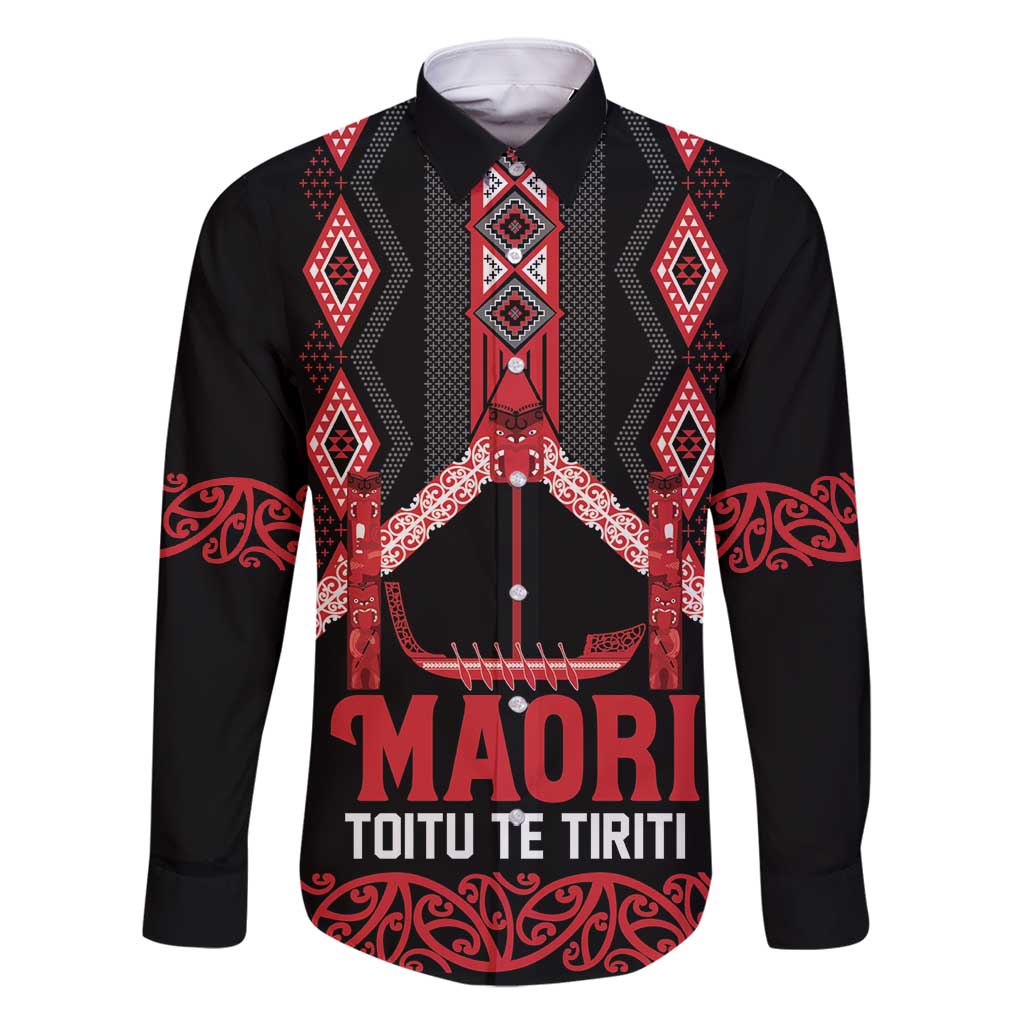Toitu Te Tiriti Waitangi Family Matching Summer Maxi Dress and Hawaiian Shirt Black Wharenui House LT9 Dad's Shirt - Long Sleeve Black - Polynesian Pride