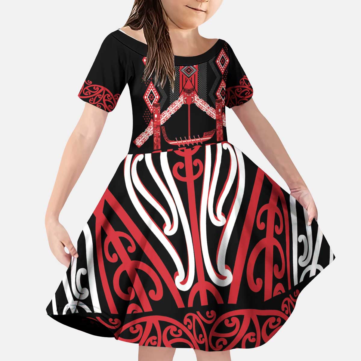 Toitu Te Tiriti Waitangi Kid Short Sleeve Dress Black Wharenui House LT9 KID Black - Polynesian Pride