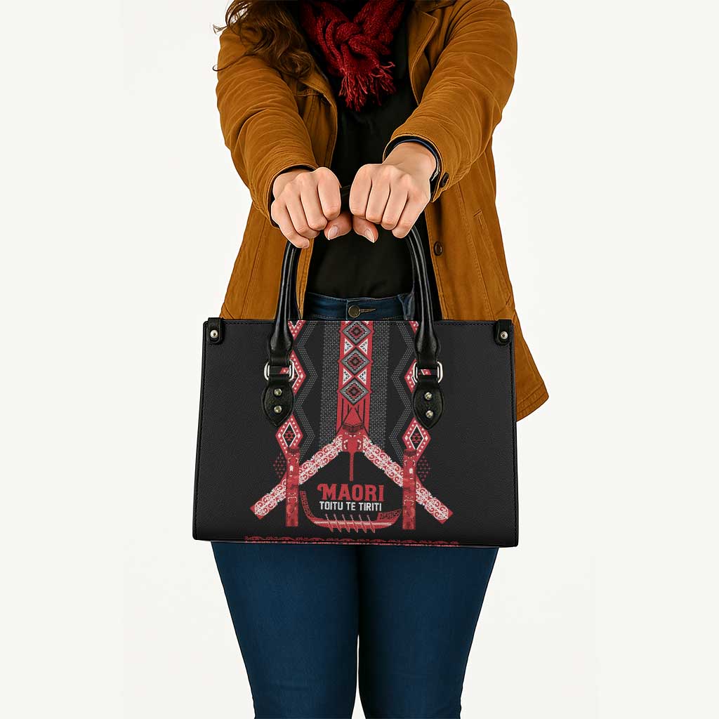 Toitu Te Tiriti Waitangi Leather Bag Black Wharenui House - Polynesian Pride