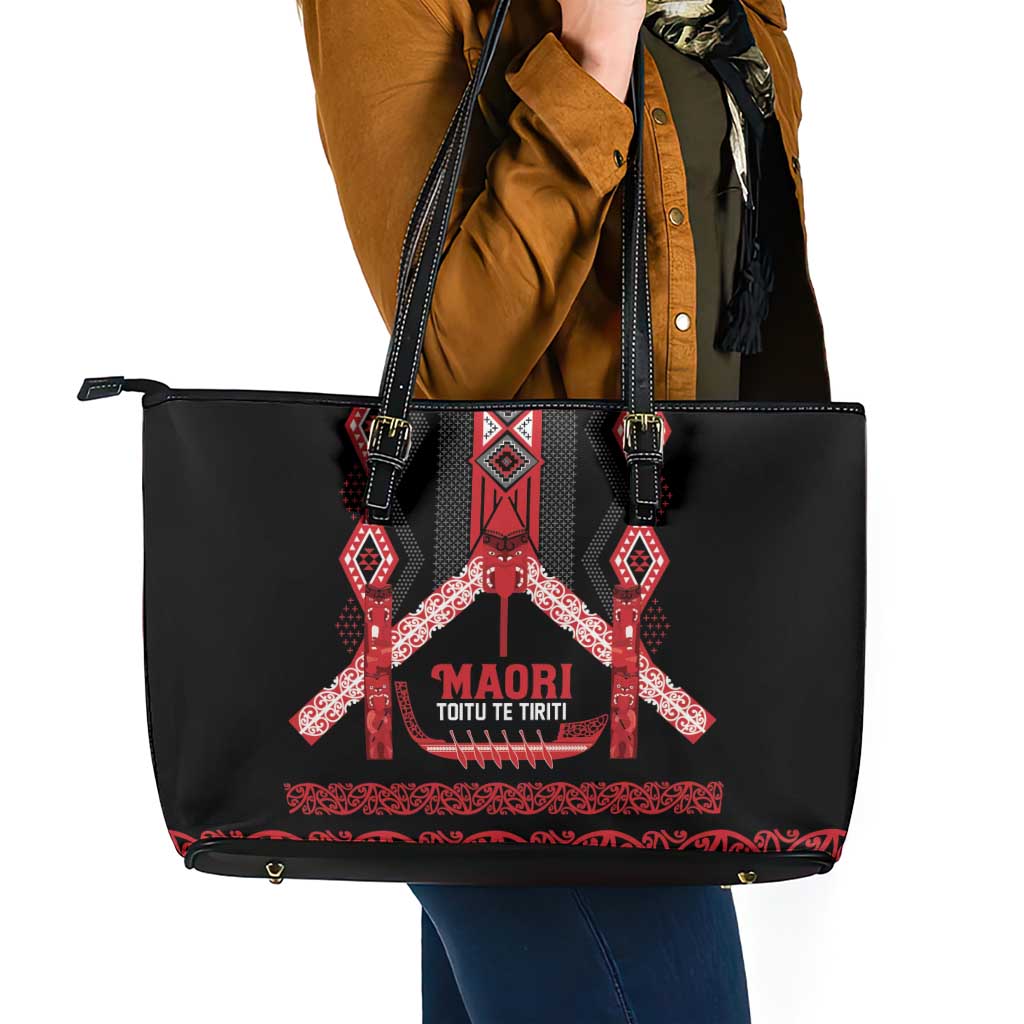 Toitu Te Tiriti Waitangi Leather Tote Bag Black Wharenui House - Polynesian Pride