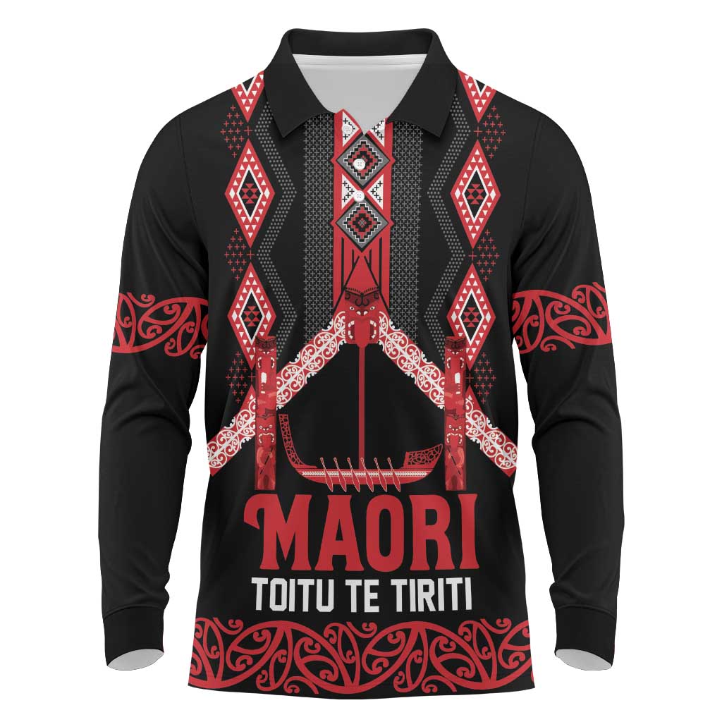 Toitu Te Tiriti Waitangi Long Sleeve Polo Shirt Black Wharenui House LT9 Black - Polynesian Pride