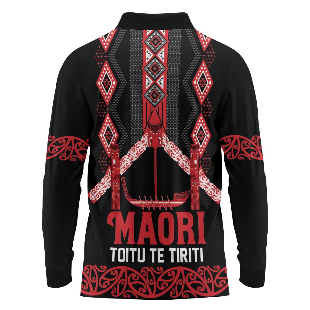 Toitu Te Tiriti Waitangi Long Sleeve Polo Shirt Black Wharenui House LT9 - Polynesian Pride