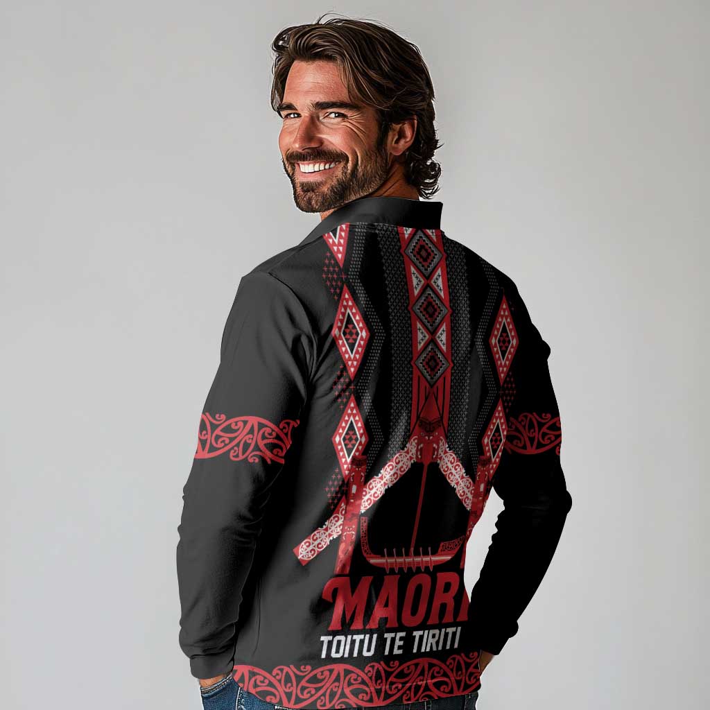 Toitu Te Tiriti Waitangi Long Sleeve Polo Shirt Black Wharenui House LT9 - Polynesian Pride