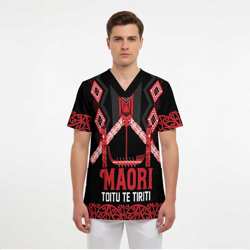 Toitu Te Tiriti Waitangi Scrub Top Black Wharenui House - Polynesian Pride